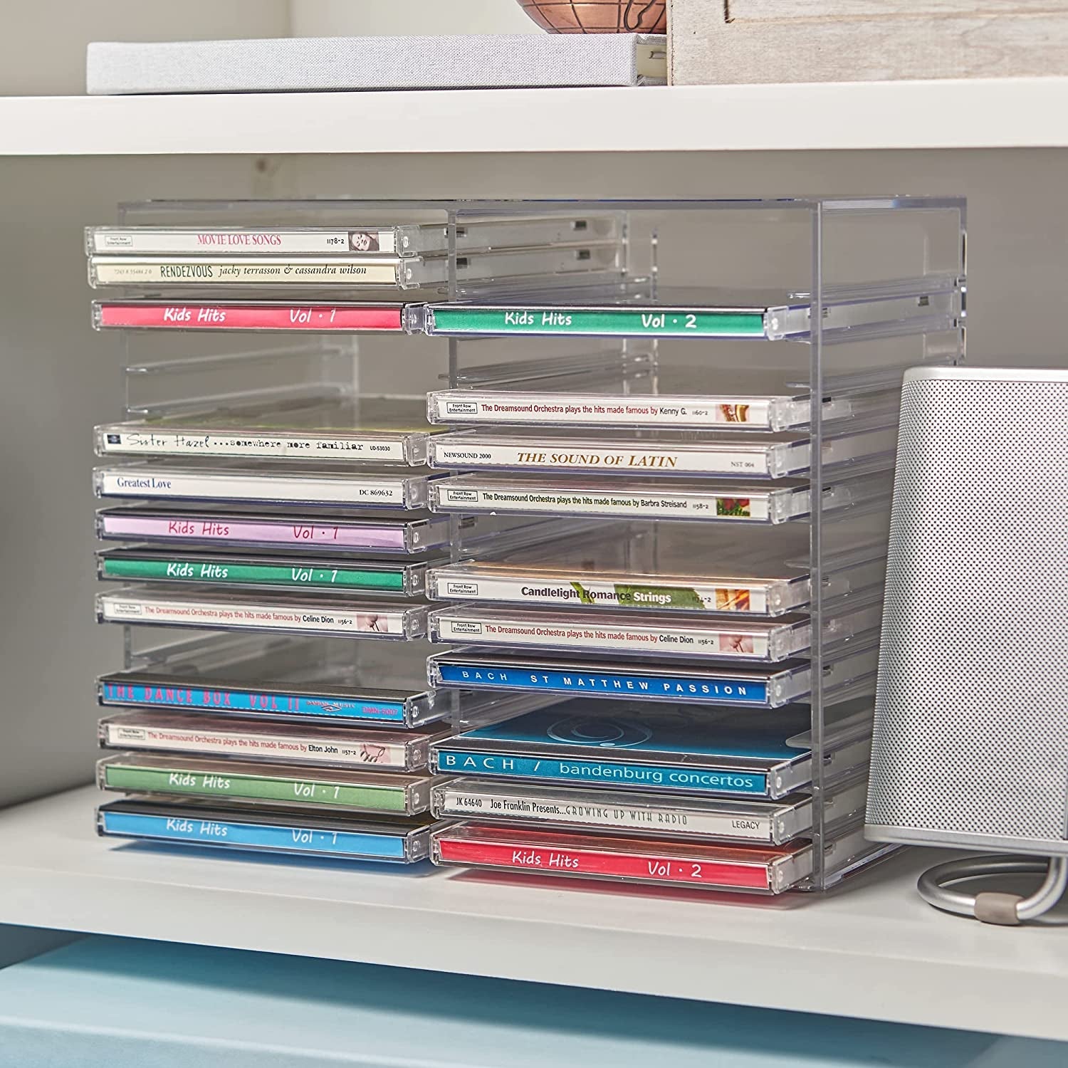 stackable-clear-plastic-cd-organizer-with-rubber-feet-rectangular-jewel-cases-holder-perfect-for-theatre-room-holds-up-to-30-cd-cases-made-in-usa