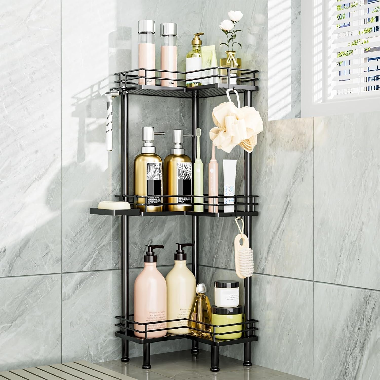 corner-shower-caddy-standing-3-tier-stainless-steel-shower-organizer-with-soap-holder-and-4-hooks-large-capacity-corner-shelf-stand-for-bathroom-rest-room-black