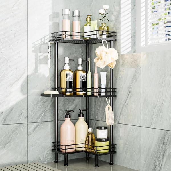 Corner Shower Caddy Standing - 3-Tier Stainless Steel Shower Organizer with Soap Holder and 4 Hooks, Large Capacity Corner Shelf Stand for Bathroom, Rest Room, Black1