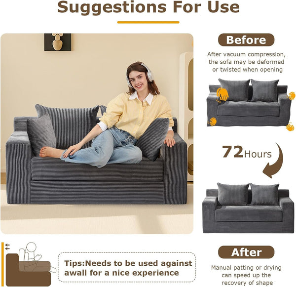 Convertible Sofa Bed, Boneless Loveseat Folding Couch Bed Foldable - 3 in 1 Small Ccouch & Futon Sofa Bed, Corduroy Pull Out Couch with 4 Pillows for Living Room, Black5
