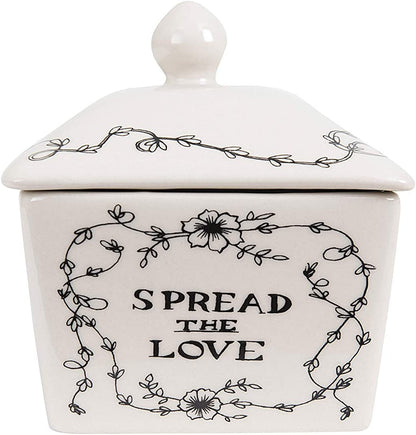 Creative Co-Op Country Stoneware Butter Dish with "Spread the Love" Message and Farm Landscape Design, White and Black5