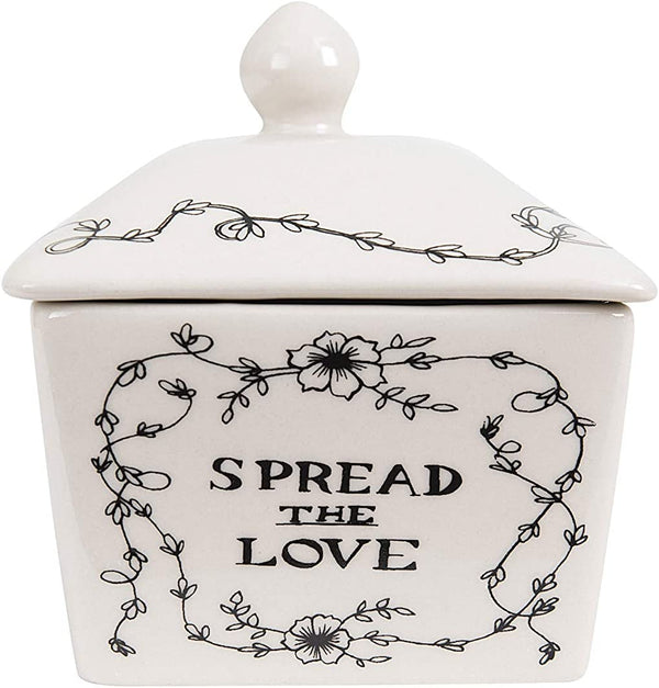 Creative Co-Op Country Stoneware Butter Dish with "Spread the Love" Message and Farm Landscape Design, White and Black5