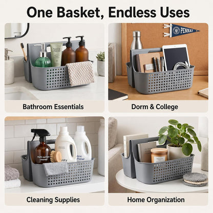 Portable Shower Caddy Basket, 2 Compartments Plastic Cleaning Caddy Organizer, Large Storage Tote with Handle for Bathroom, College, Dorm Room Essentials, Grey6