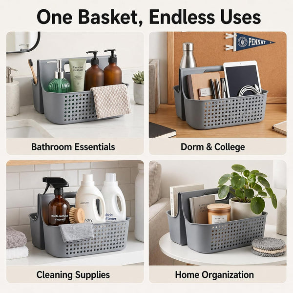 Portable Shower Caddy Basket, 2 Compartments Plastic Cleaning Caddy Organizer, Large Storage Tote with Handle for Bathroom, College, Dorm Room Essentials, Grey6
