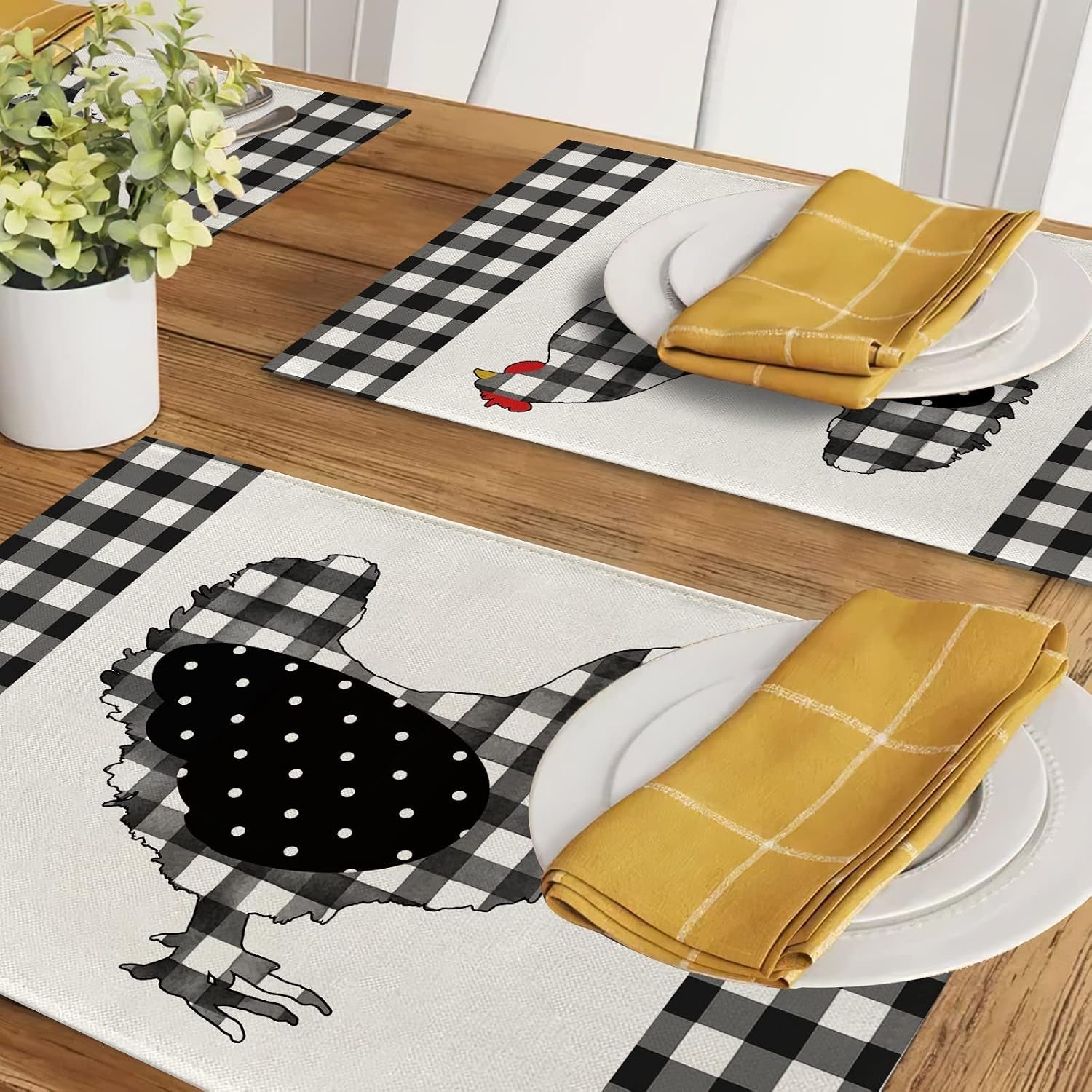 farm-chicken-hen-animal-placemats-set-of-4-black-white-buffalo-check-plaid-farmhouse-chick-dining-table-place-mats-spring-summer-country-rustic-kitchen-decor-home-decoration-12-x-18-inch