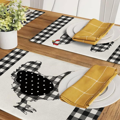 Farm Chicken Hen Animal Placemats Set of 4, Black White Buffalo Check Plaid Farmhouse Chick Dining Table Place Mats, Spring Summer Country Rustic Kitchen Decor Home Decoration 12 X 18 Inch6