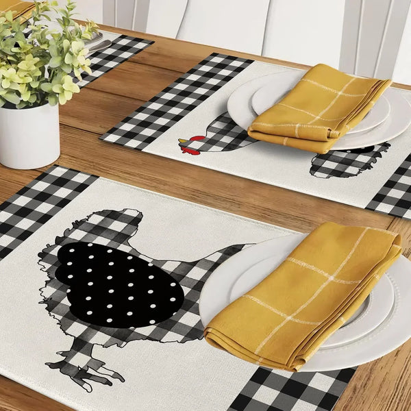 Farm Chicken Hen Animal Placemats Set of 4, Black White Buffalo Check Plaid Farmhouse Chick Dining Table Place Mats, Spring Summer Country Rustic Kitchen Decor Home Decoration 12 X 18 Inch6