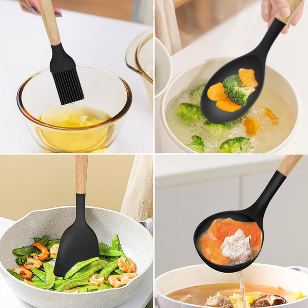 12-Piece Silicone Kitchen Utensils Set with Wooden Handle, Non-Stick & Heat Resistant Cooking Utensils (446°F), Includes Spatula, Spoon, Turner, Tongs, Whisk, Great for Home Cooks-Black6