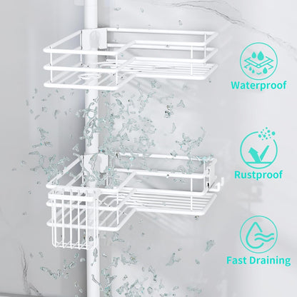 Corner Shower Caddy Organizer - Shower Organizer Corner with Soap Holder, Toothbrush Holder and 4 Hooks, Rustproof Bathroom Shelf Tension Pole Available for 27.6 to 108.3 Inch - White5