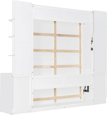 Queen Murphy Bed with Storage Shelves and Desk,Cabinets,Lights,White8