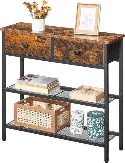 29.5" Narrow Console Table with 2 Fabric Drawers, Sofa Table, Small Entryway Table with 3-Tier Storage Shelves, behind Couch Table, for Living Room, Hallway, Rustic Brown and Black BF72XG019