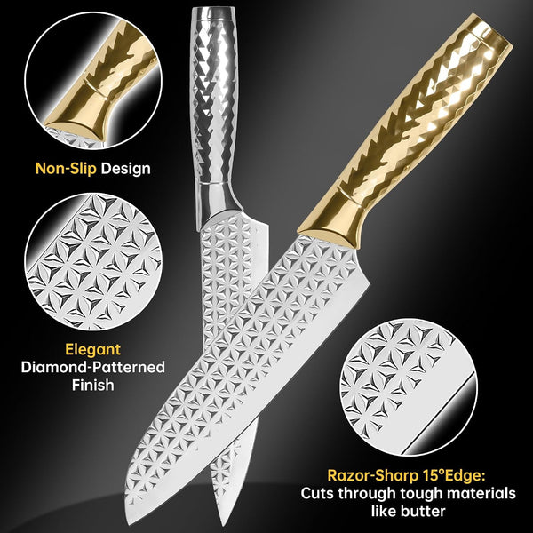 Kitchen Knife Set 14 Pcs with Magnet Holder, Strong Magnetic Knife Strip for Wall, Knives Block Set with Sheath, Chef Knives and Santoku Knives, Stainless Steel Blade, Dishwasher Safe -Gold4