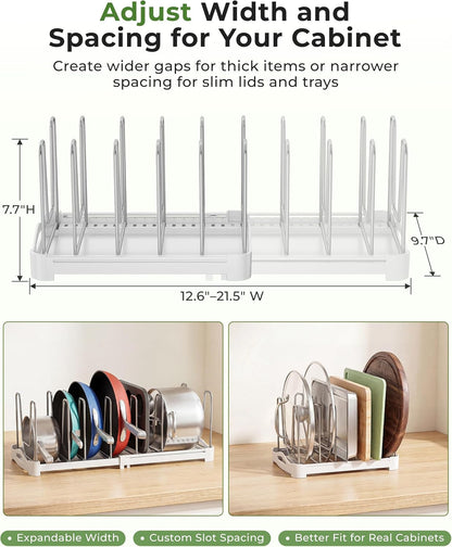 Adjustable Cabinet Organizer for Pot Lids, Bakeware, Cookie Sheets & Cutting Boards, Upright Storage Rack for Kitchen Cabinet, Stable Dividers, 9.7" Deep, 12.6" to 21.5" Wide, GS02SS7