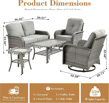 5 Pieces Patio Furniture Set, All Weather Rattan Patio Conversation Sets with Swivel Rocking Chairs, Coffee Table, High Back Outdoor Furniture Loveseat for Porch, Backyard,Dark Grey2