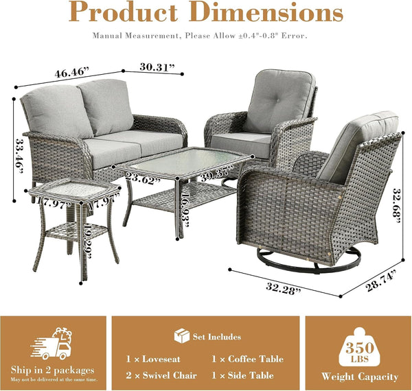 5 Pieces Patio Furniture Set, All Weather Rattan Patio Conversation Sets with Swivel Rocking Chairs, Coffee Table, High Back Outdoor Furniture Loveseat for Porch, Backyard,Dark Grey2