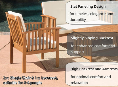 4 Piece Acacia Wood Patio Conversation Table and Chairs Furniture Sets, Outdoor Dining Couch Sofa for Porch Deck Backyard Lawn Balcony Bistro, Brown3