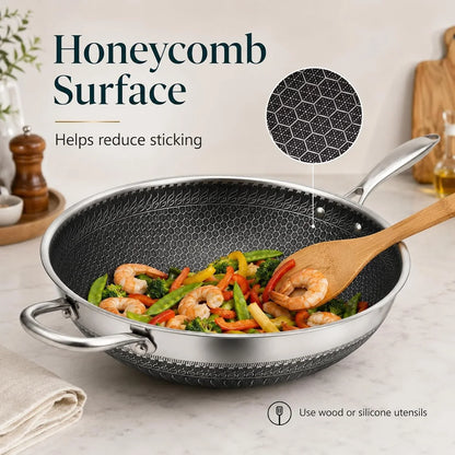 12.6 Inch Stainless Steel Honeycomb Wok Pan with Standing Glass Lid, Flat Bottom Stir Fry Pan for Induction, Gas & Electric Stoves, Physical Stick-Resistant Surface, Dishwasher Safe2