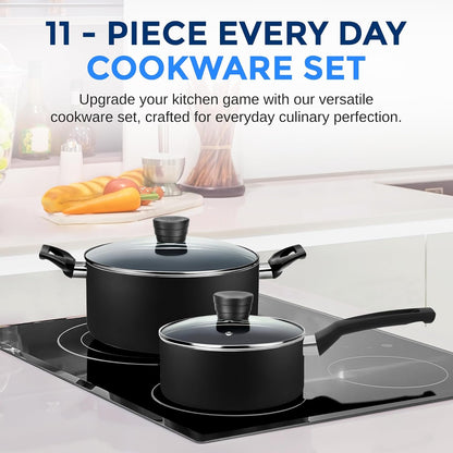 Kitchenware Pots & Pans Basic Kitchen Cookware, Black Non-Stick Coating Inside, Heat Resistant Lacquer (11-Piece Set), One Size, Black2