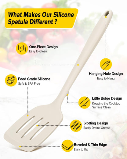 Pack of 2 Silicone Spatula Turners, Non Stick Slotted Kitchen Spatula Set, Heat Resistant BPA Free Kitchen Utensils, One-Piece Design, Suitable for Flipping Fish, Eggs, Steak, Pancakes(Khaki)2