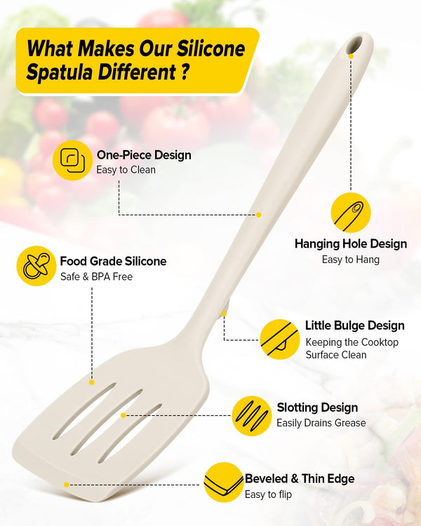 Pack of 2 Silicone Spatula Turners, Non Stick Slotted Kitchen Spatula Set, Heat Resistant BPA Free Kitchen Utensils, One-Piece Design, Suitable for Flipping Fish, Eggs, Steak, Pancakes(Khaki)2