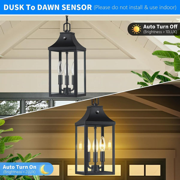 Large Outdoor Pendant Light Fixtures 3-Light, 15'' Dusk to Dawn Exterior Hanging Lantern Porch Light Adjustable, Black Hanging Lamp Farmhouse Exterior Chandelier Ceiling Mount for Entrance Patio2