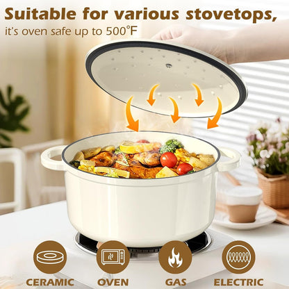Enameled Cast Iron Dutch Oven -  5QT Pot with Lid & Cotton Potholders - Heavy-Duty Cookware for Bread Baking, Braising, Stews, Roasting(Cream White)7