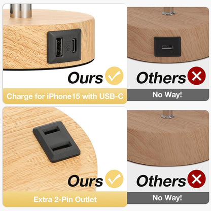 Bedside Table Lamp for Bedroom - Dimmable Touch, USB A+C, AC Outlet | 3-Way Dimmable, LED Bulb Included, Fabric Lampshade, Wood-Grain Metal Base, 14" Small Nightstand Lamp for Desk, Living Room4