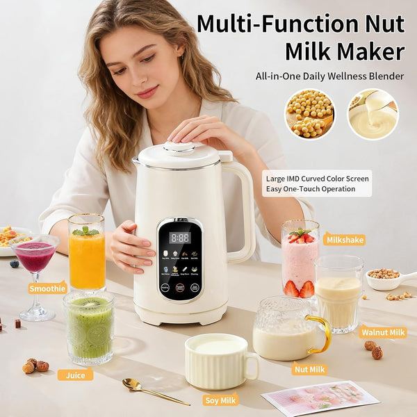 Kuhuz Nut Milk Maker,42Oz Plant Based Milk Machine for Homemade Almond/Oat/Soy,10-In-1 Countertop Blender with Juice/Milkshake/Food Processor/Boil Water,Delay Start/Keep Warm/Self Cleaning,White2