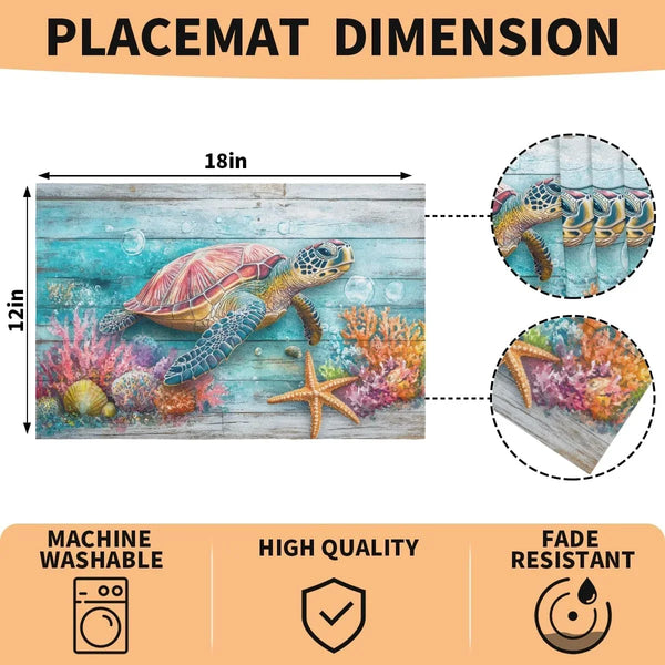 Placemats Set of 6, Ocean Wood Turtle Place Mats, Heat-Resistant Faux Linen Polyester Fabric Placemat, Wipeable Table Place Mats for Farmhouse Kitchen Dining Table 12X18 In2