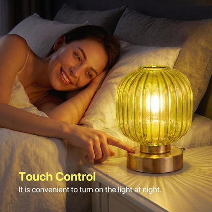 Green Touch Glass Table Lamp, 3-Way Dimmable Bedside Lamp, Vintage Mid-Century Modern Small Nightstand Lamp for Bedroom and Living Room, Ambient Mood Lighting, LED Bulb Included2