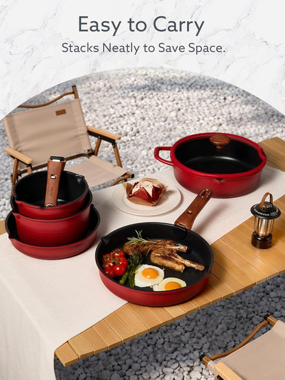 20Pcs Titanium Cookware Set, Pots and Pans Set Detachable Handle | Non-Stick, Non-Toxic, Induction Compatible, Dishwasher & Oven Safe, Space Saving, Camping Cooking, Red7