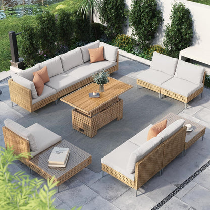 12-Piece Patio Wicker Furniture Set with Lift Top Coffee Storage Table, Outdoor Conversation Set Sectional Sofa with Water Resistant Thick Cushions, Cream1