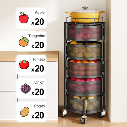 5-Tier Fruit and Vegetable Basket Bowls for Kitchen, Rotating, Black | Metal Top Lid, Rolling Storage Rack Cart for Potato, Onion &Fruit, Large Wire Basket Organizer for Kitchen Counter, Pantry4