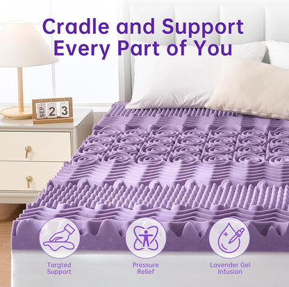 3 Inch 7-Zone Queen Mattress Topper, Egg Crate Memory Foam Mattress Topper Queen Size for Back Pain, Lavender Gel Infused Bed Pad, Certipur-Us and Oeko-Tex Certification (60"×80")2