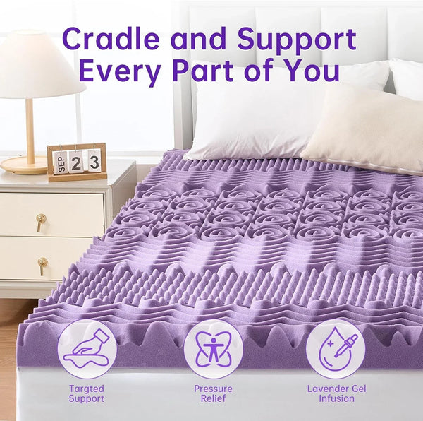 3 Inch 7-Zone Queen Mattress Topper, Egg Crate Memory Foam Mattress Topper Queen Size for Back Pain, Lavender Gel Infused Bed Pad, Certipur-Us and Oeko-Tex Certification (60"×80")2