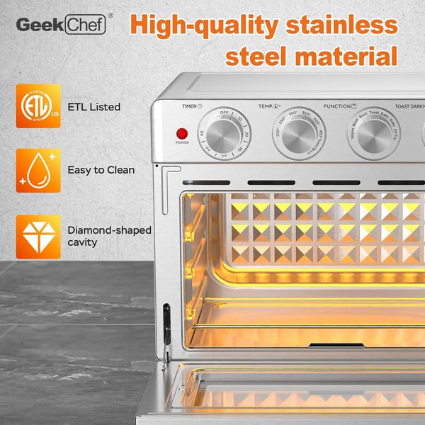 Air Fryer Toaster Oven 26 QT, Large Airfryer Convection Countertop Oven Combo with Easy Bake, Roast, Broil, Warm, 6 Slice Toast 7-In-1 Functions, 3 Layers with 4 Accessories,Stainless Steel7