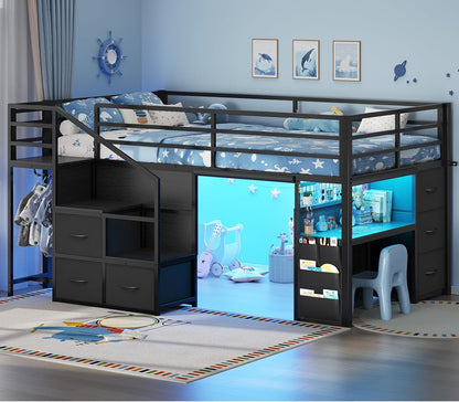 Low Loft Bed Twin with Stairs, Desk, 6 Storage Drawers, Black1