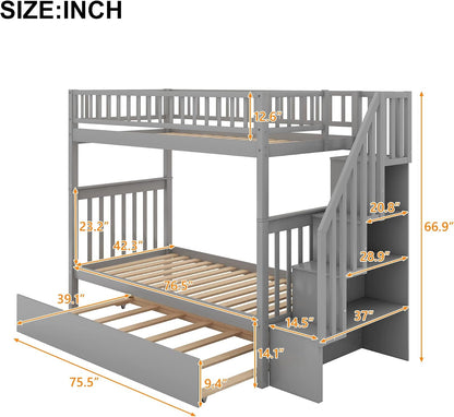 Twin-Over-Twin Bunk Bed with Trundle and Storage Staircase, Solid Wood 3 in 1 Twin Size Stairway Bunk Bed with Trundle, Grey2