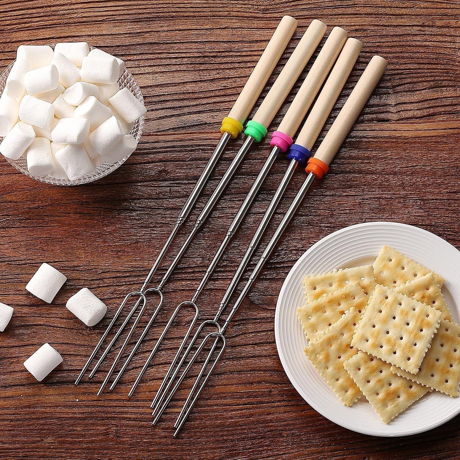 marshmallow-roasting-sticks-32-5-pack-dark-brown-wooden-handle-extendable-stainless-steel-smores-sticks-for-fire-pit-smores-skewers-campfire-cooking-equipment