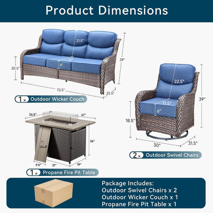 Luxury Patio Furniture Set with Fire Pit Table-4 Pieces High Back Wicker Swivel Rocker Chairs with 6" Extra Thick Cushions, Outdoor Patio Conversation Sets for Garden Deck(Brown/Blue)2