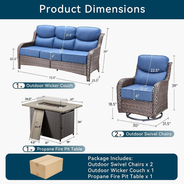 Luxury Patio Furniture Set with Fire Pit Table-4 Pieces High Back Wicker Swivel Rocker Chairs with 6" Extra Thick Cushions, Outdoor Patio Conversation Sets for Garden Deck(Brown/Blue)2