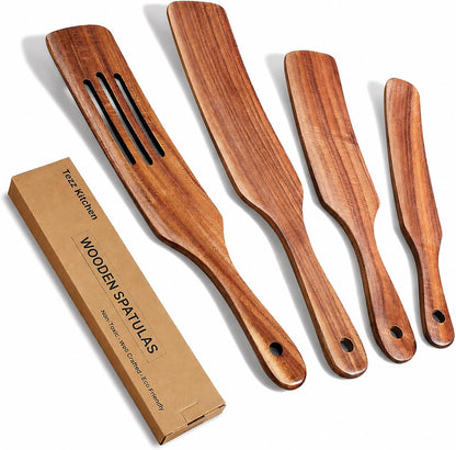 Spurtle Set, Natural Acacia Wooden Kitchen Utensils Set of 4, Wooden Spoons Utensils for Cooking, Stirring, Mixing, Serving, Spurtles Kitchen Tools as Seen on Tv for Nonsick Cookware1