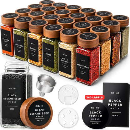 Glass Spice Jars with Label, 24X Acacia Wooden Lids - Black Labels1