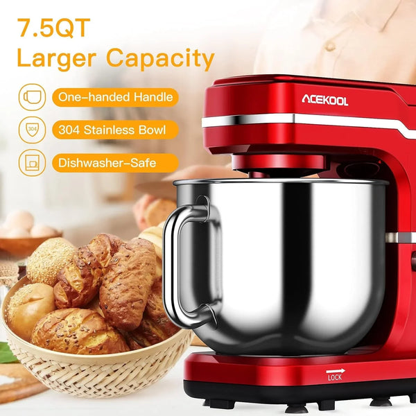 Stand Mixer, 7.5QT 660W Electric Dough Mixer, Kitchen 10-Speed Tilt-Head Food Mixer for Baking&Cake, with Stainless Steel Bowl, Whisk, Dough Hook, Beater, Splash Guard(Red) MC12