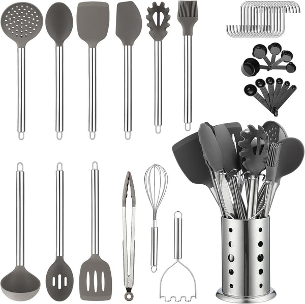 Kitchen Utensils Set,  38 Pieces Non-Stick Silicone Cooking Utensils Set, Spoon Spatula Set with Sturdy Stainless Steel Utensil Holder, Dishwasher Safe1