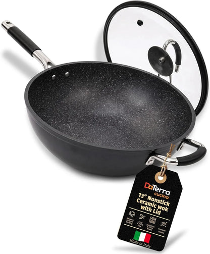 '- Nonstick Ceramic Wok with Lid - Oven & Induction Safe, 13" | Italian Crafted Cookware, PTFE, PFOA Free, Tempered Glass Lid, Oven Safe up to 450°F, Even Heat Distribution, Easy Cleanup1