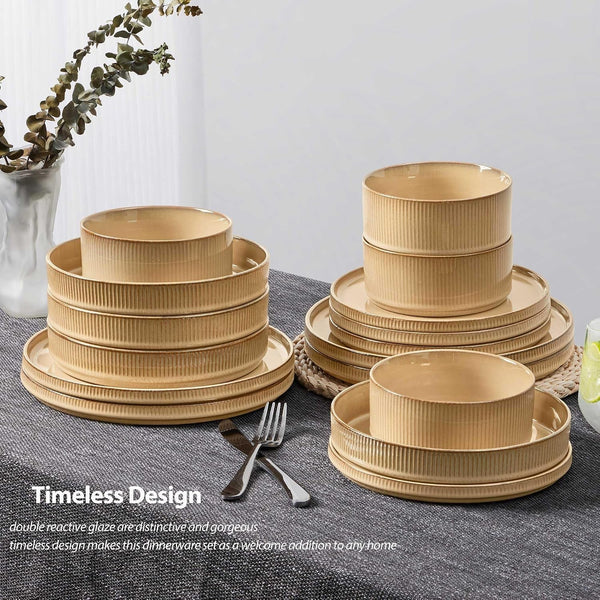 16 Piece Dinnerware Sets with Double Bowls, Ceramic Plates and Bowls Set for 4, Ribbed Stoneware Dishes, Microwave and Dishwasher Safe, Dune Khaki5