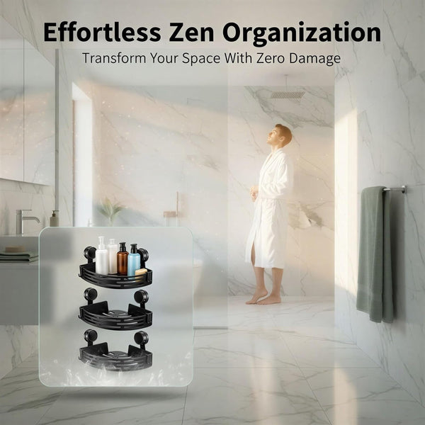 3 Pcs Black Triangle Suction Cup Shower Caddy, No-Drill Corner Storage Shelves with Hooks, Long-Lasting Plastic Bathroom Organizer for Shampoo, Soap, Spices, 11.61 X 8.66 X 2.09 In6