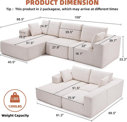 108" Boneless Couch with Chaise, Cloud Sectional Modular Sofa, Beige3