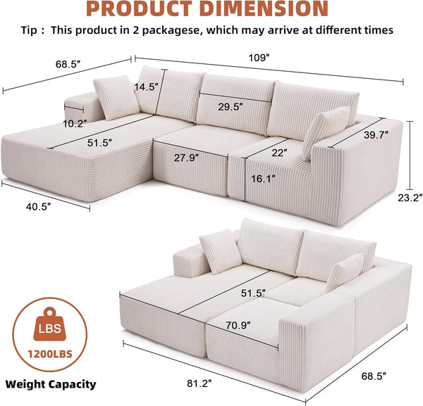 108" Boneless Couch with Chaise, Cloud Sectional Modular Sofa, Beige3